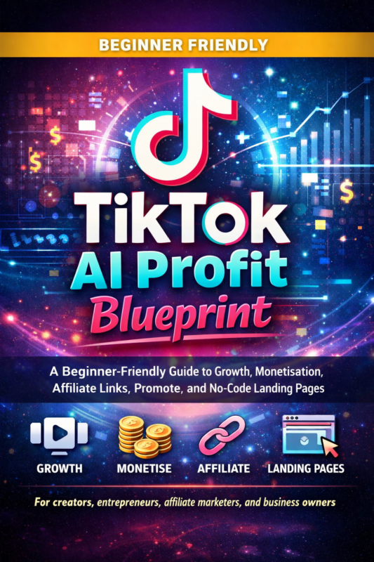 TikTok AI Profit Blueprint digital guide for beginners focused on TikTok growth, monetization, affiliate links, promotion, and no-code landing pages.
