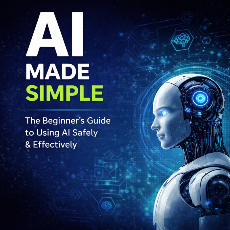 AI Made Simple beginner’s guide cover featuring a futuristic robot and digital technology background.