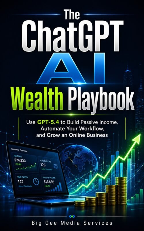 Cover image for ChatGPT AI Wealth Playbook showing AI branding, financial growth charts, stock-style dashboard graphics and digital income strategy visuals.