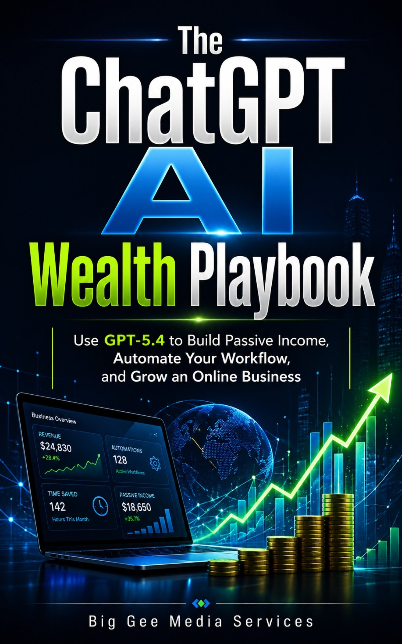 Cover image for ChatGPT AI Wealth Playbook showing AI branding, financial growth charts, stock-style dashboard graphics and digital income strategy visuals.