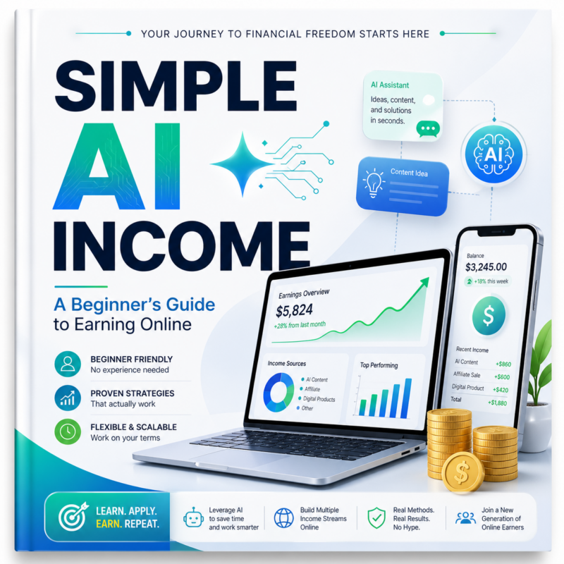 Cover image for Simple AI Income showing an AI income guide, laptop dashboard, smartphone, growth chart, coins and digital business graphics.