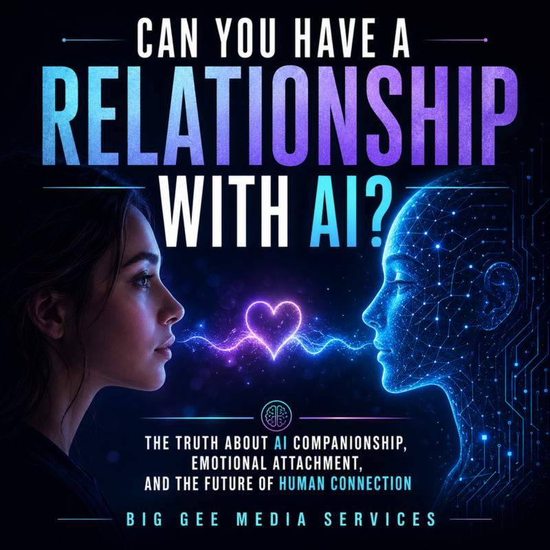 Cover image showing a human profile facing a glowing AI face with the title Can You Have a Relationship with AI, exploring AI companionship and emotional attachment.