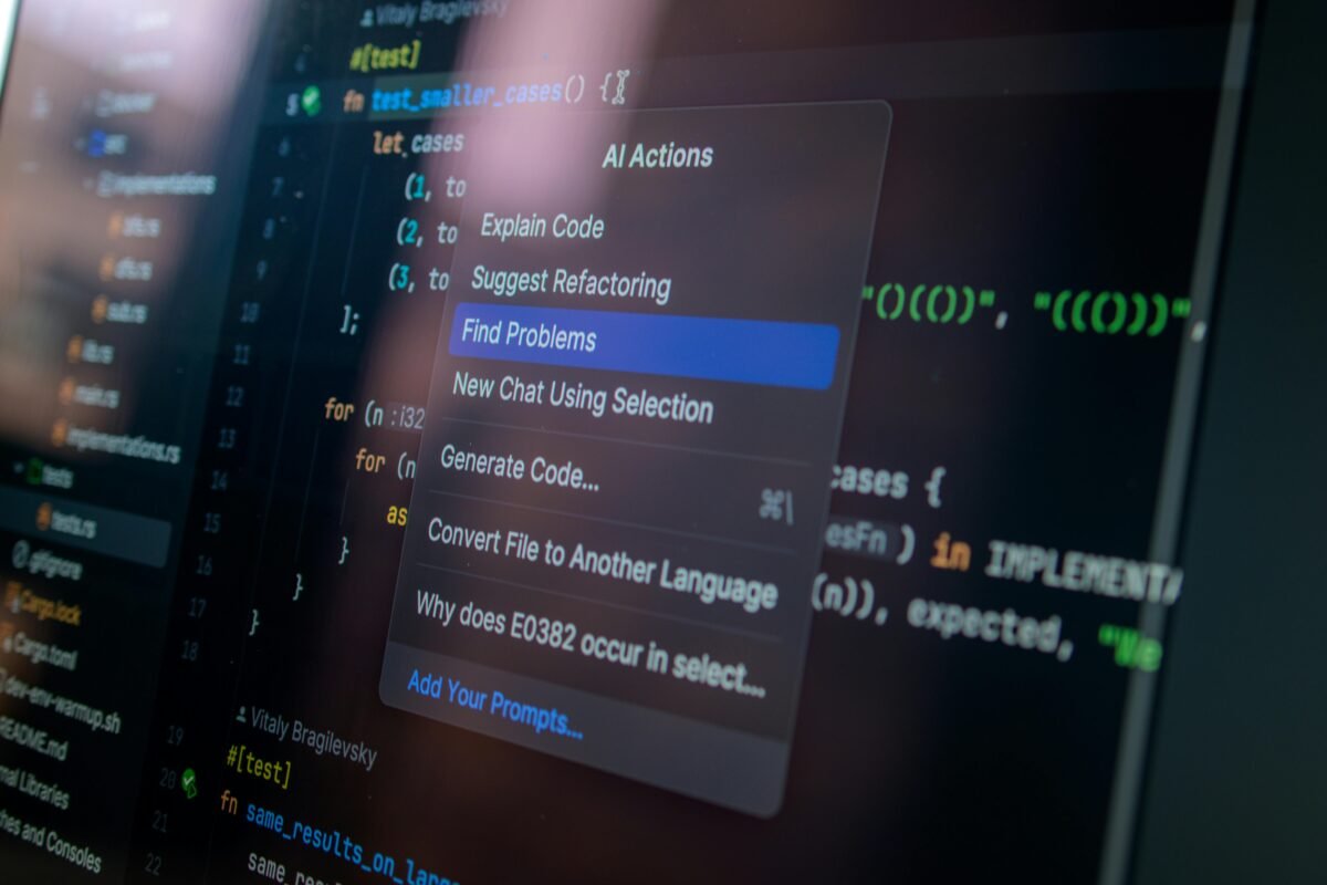 AI coding assistant menu displayed over software development code editor interface.