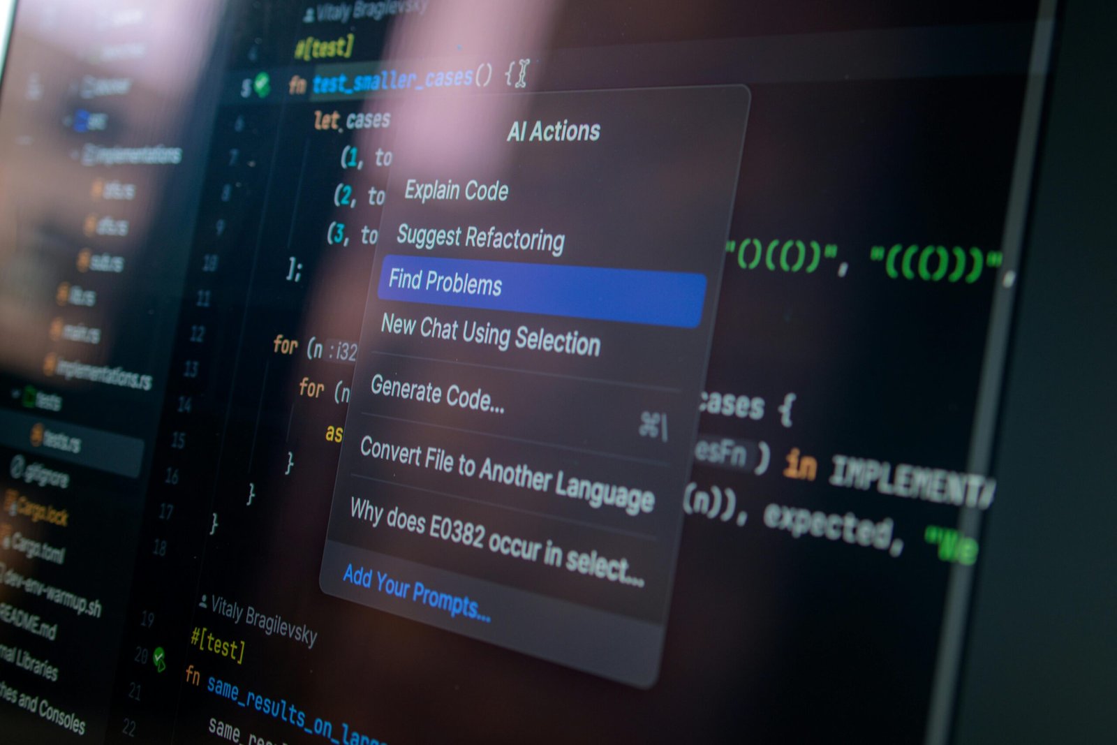 AI coding assistant menu displayed over software development code editor interface.