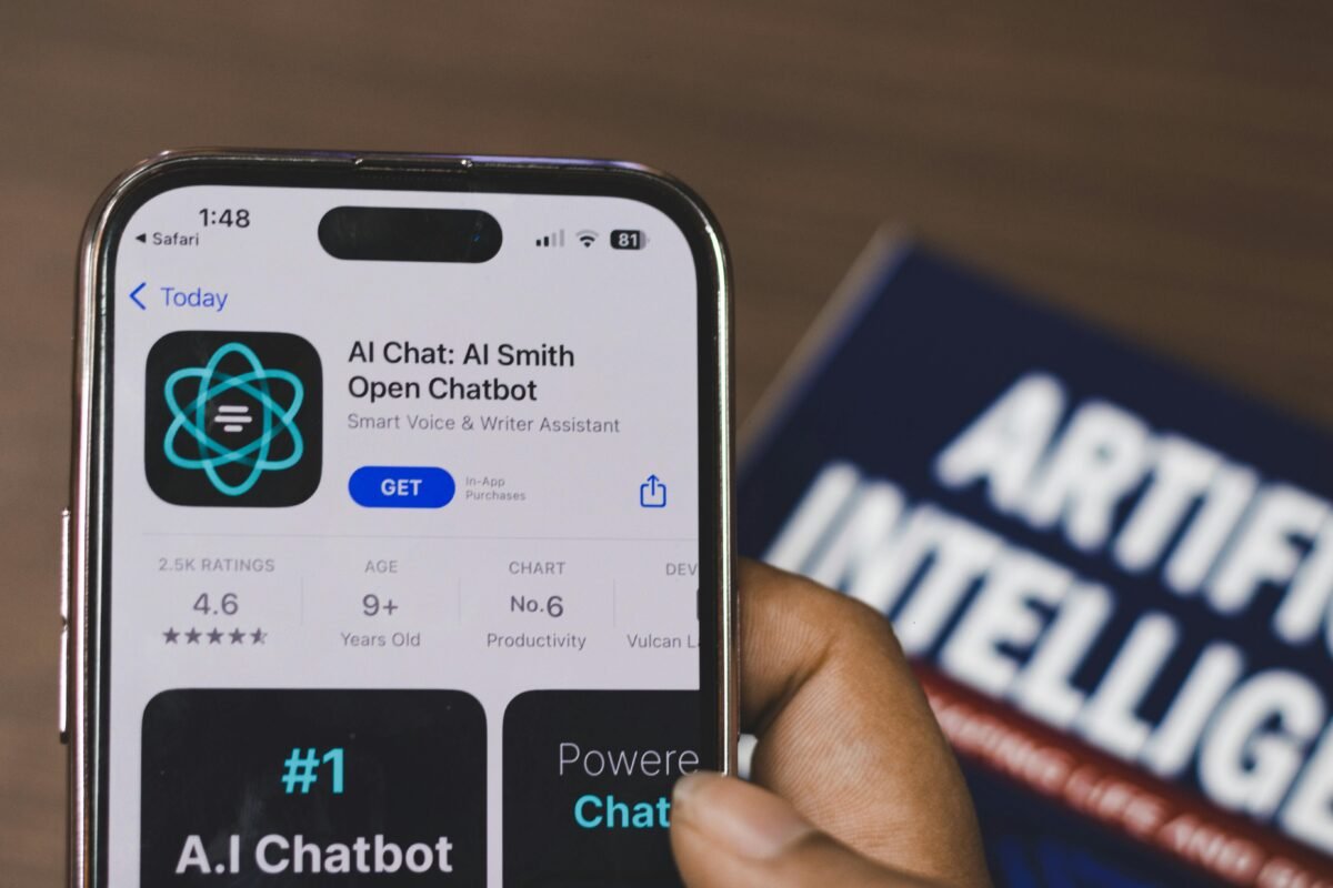 Smartphone displaying AI chatbot mobile application interface with artificial intelligence assistant features.